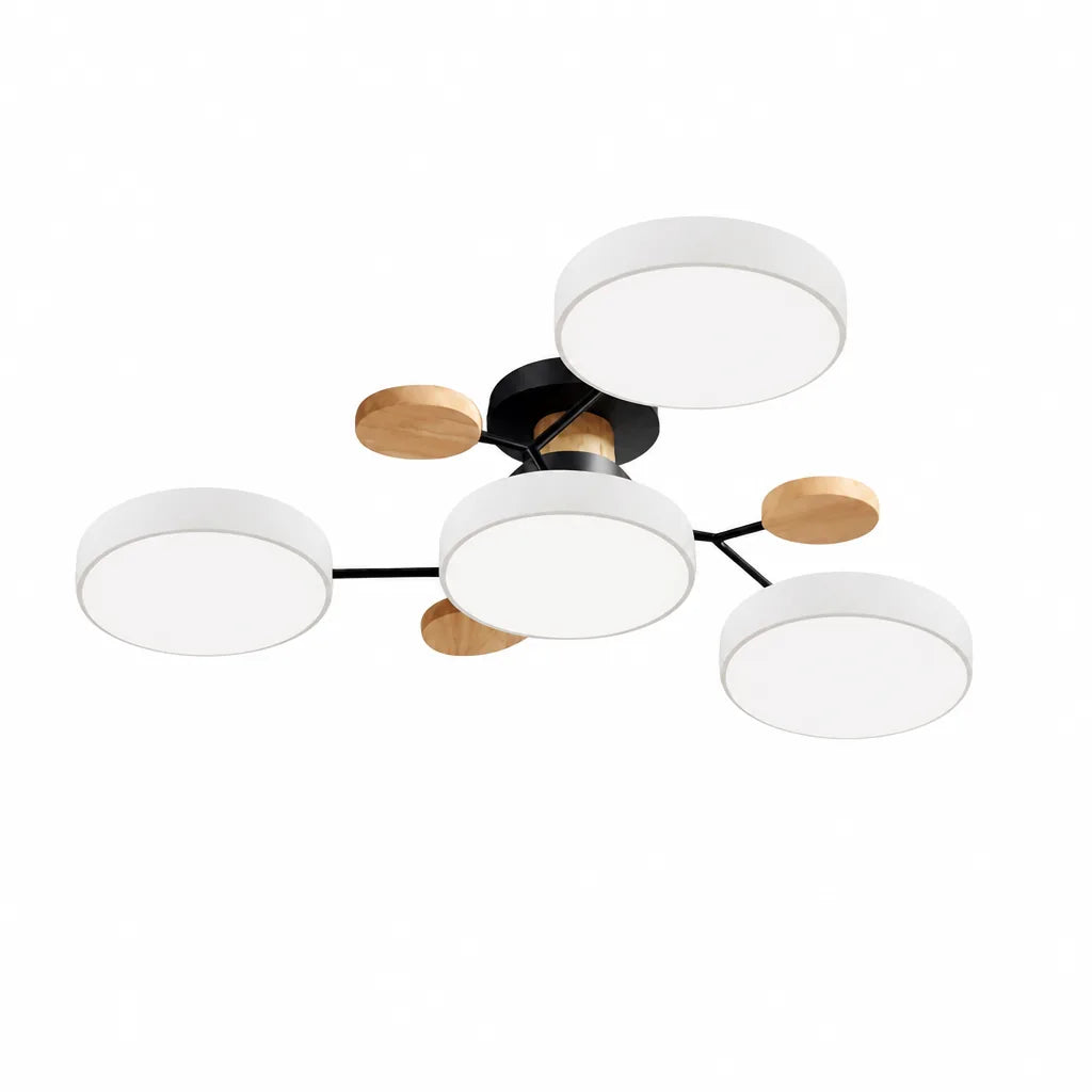 Scandinavian Branched Disc Metal and Wood Ceiling Light