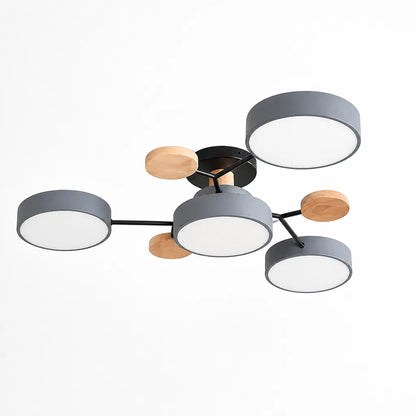 Scandinavian Branched Disc Metal and Wood Ceiling Light