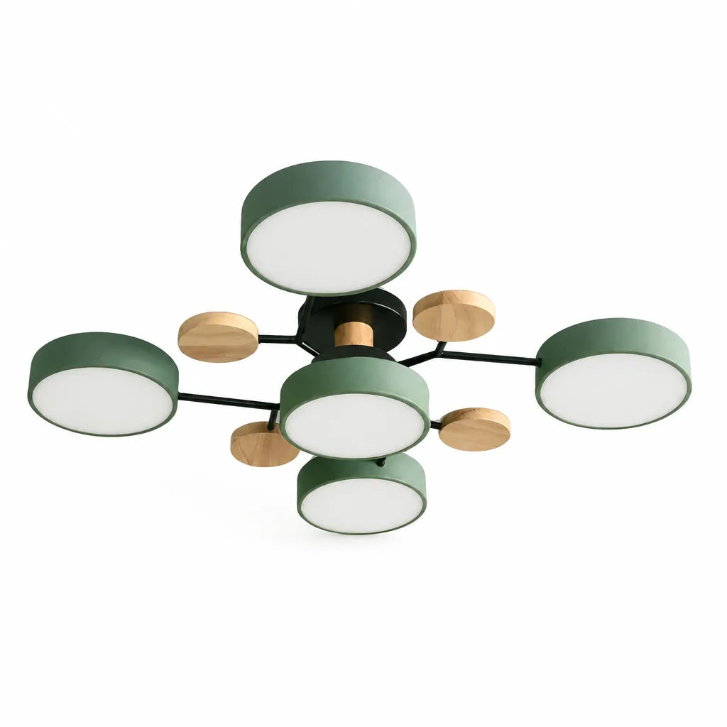 Scandinavian Branched Disc Metal and Wood Ceiling Light