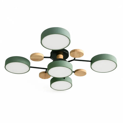 Scandinavian Branched Disc Metal and Wood Ceiling Light