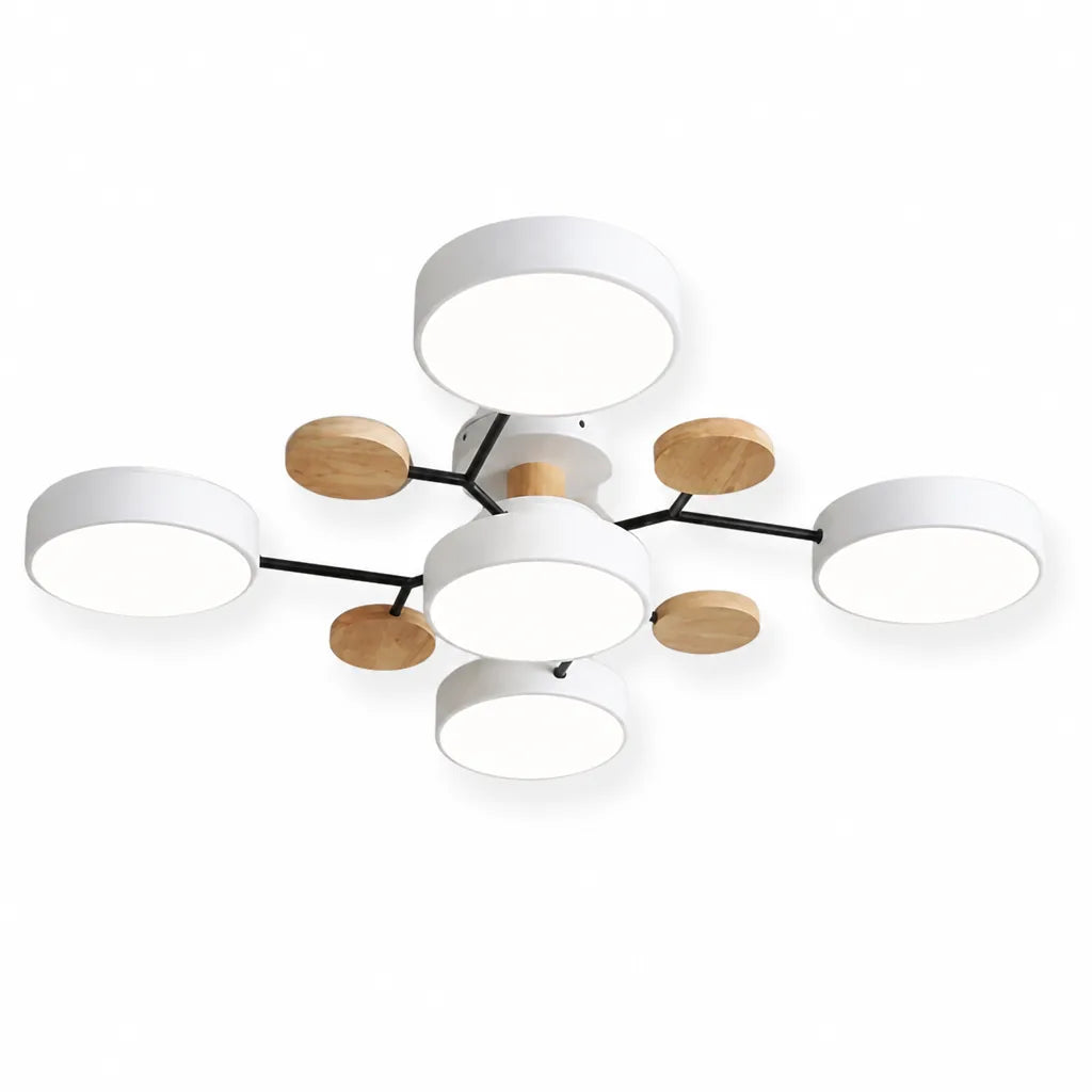 Scandinavian Branched Disc Metal and Wood Ceiling Light