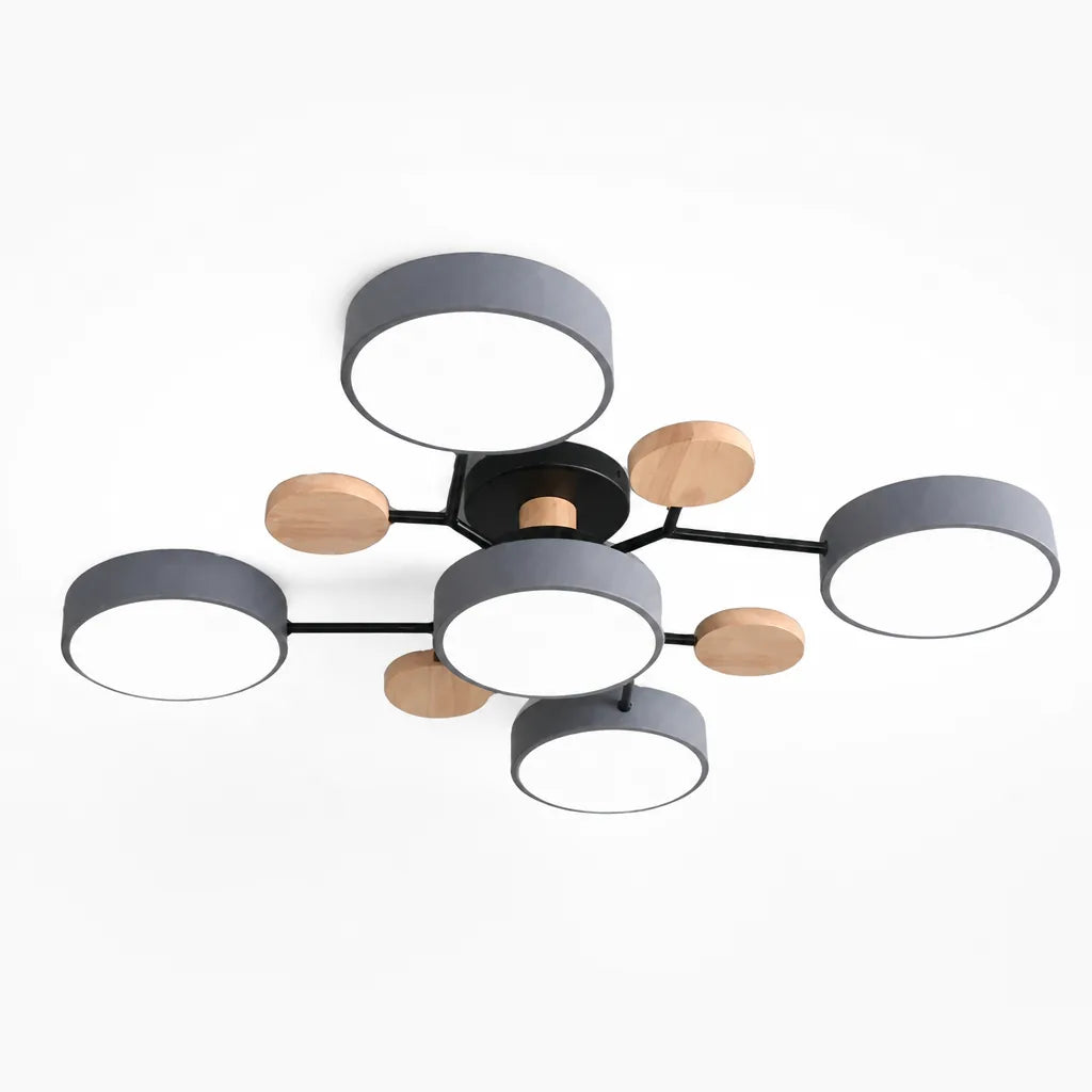 Scandinavian Branched Disc Metal and Wood Ceiling Light