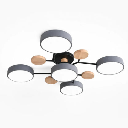 Scandinavian Branched Disc Metal and Wood Ceiling Light