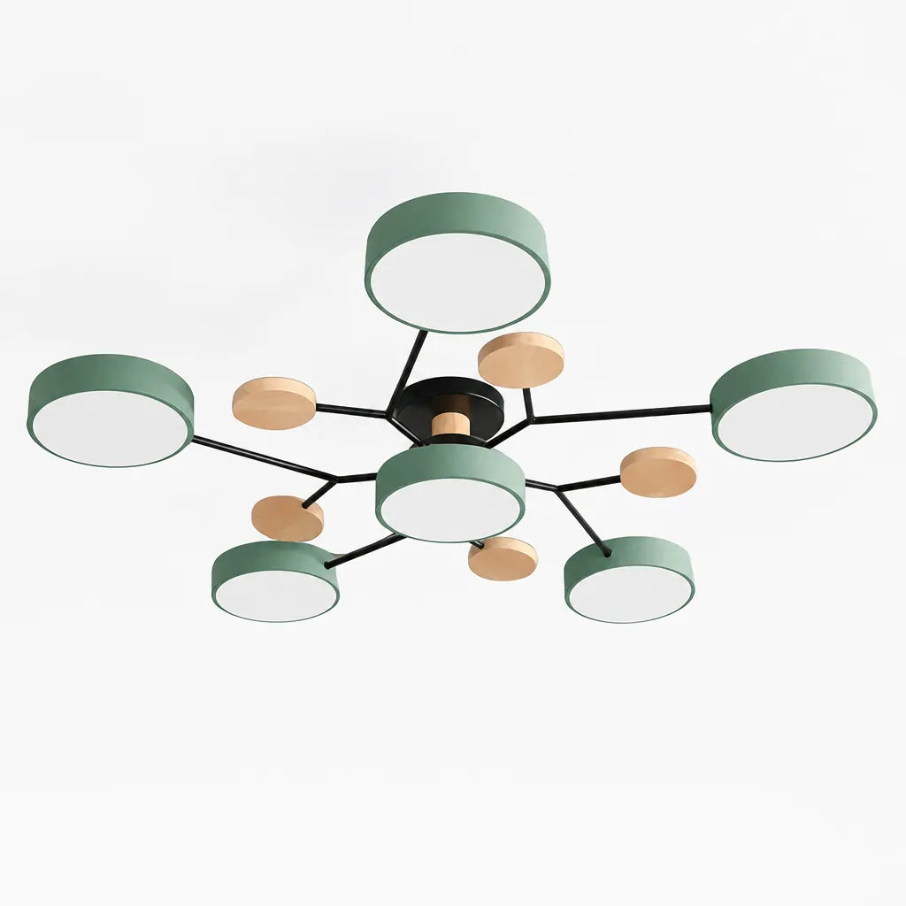 Scandinavian Branched Disc Metal and Wood Ceiling Light