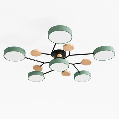 Scandinavian Branched Disc Metal and Wood Ceiling Light