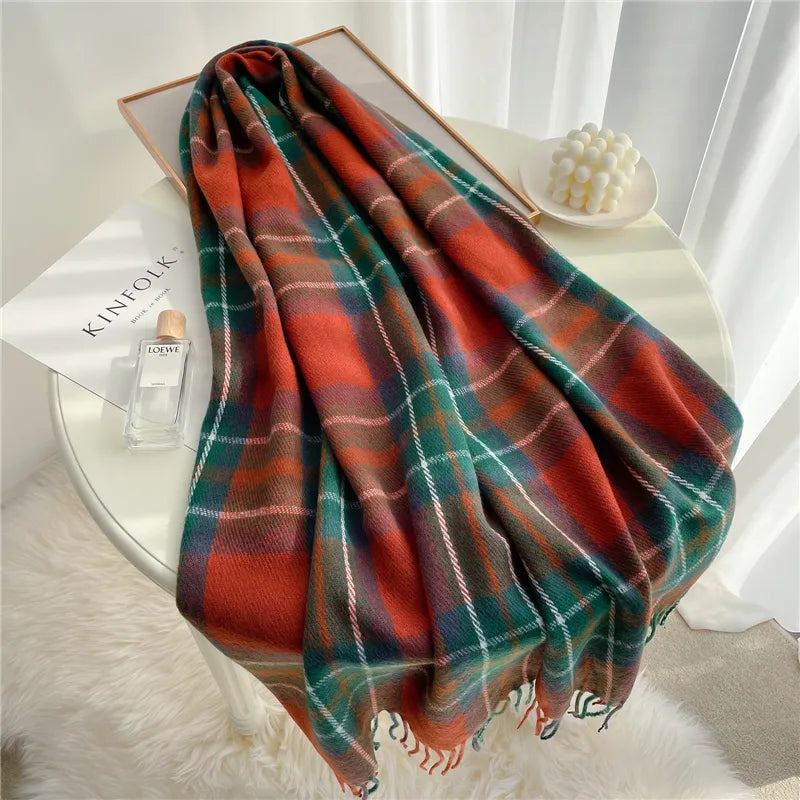 Scarf Cashmere Lightweight Checkered & Fringed