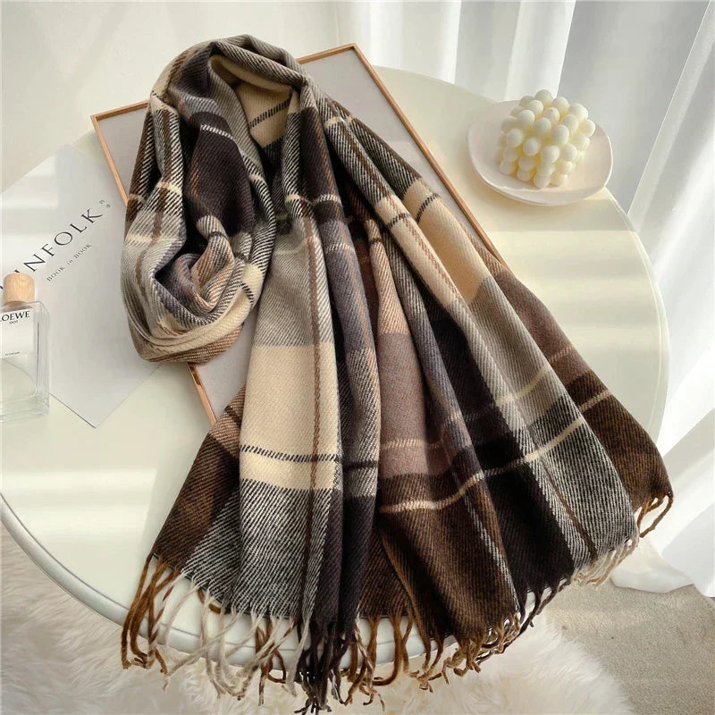 Scarf Cashmere Lightweight Checkered & Fringed