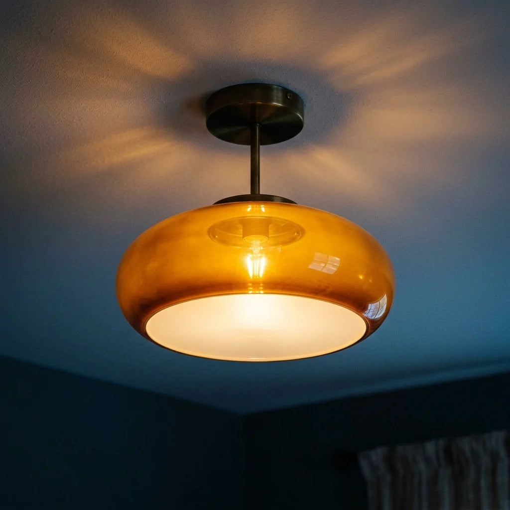 Semi-Flush Ceiling Light Amber Glass Brass & Copper