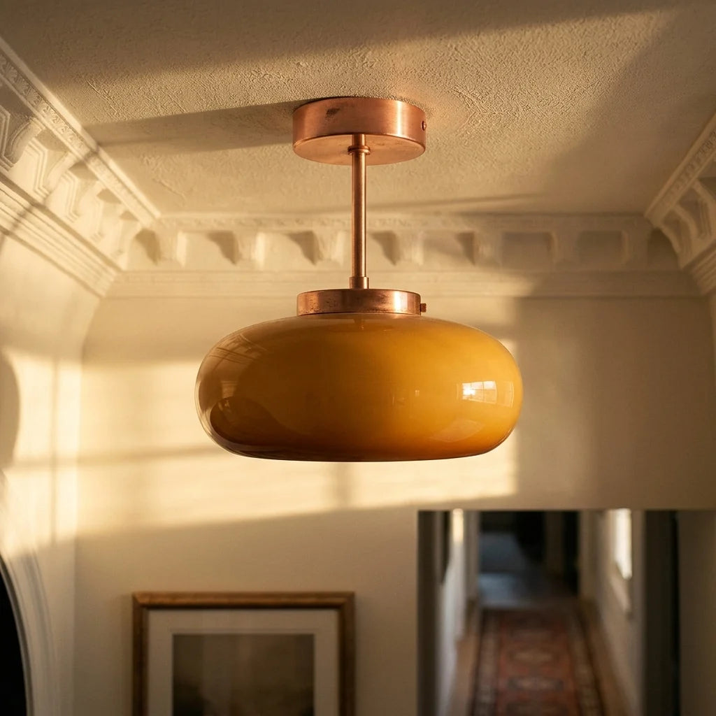 Semi-Flush Ceiling Light Amber Glass Brass & Copper