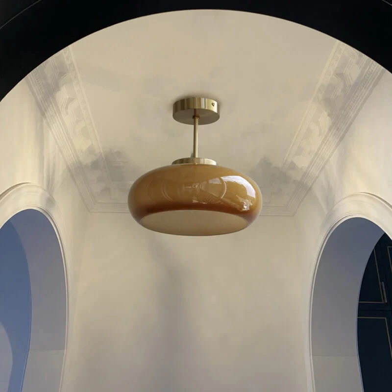 Semi-Flush Ceiling Light Amber Glass Brass & Copper