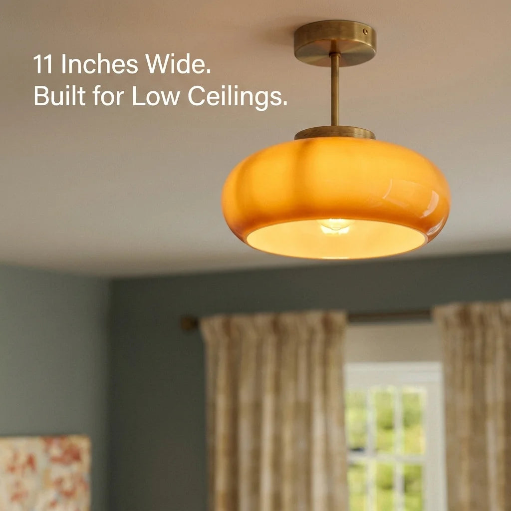 Semi-Flush Ceiling Light Amber Glass Brass & Copper