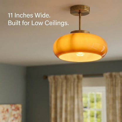 Semi-Flush Ceiling Light Amber Glass Brass & Copper
