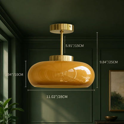 Semi-Flush Ceiling Light Amber Glass Brass & Copper