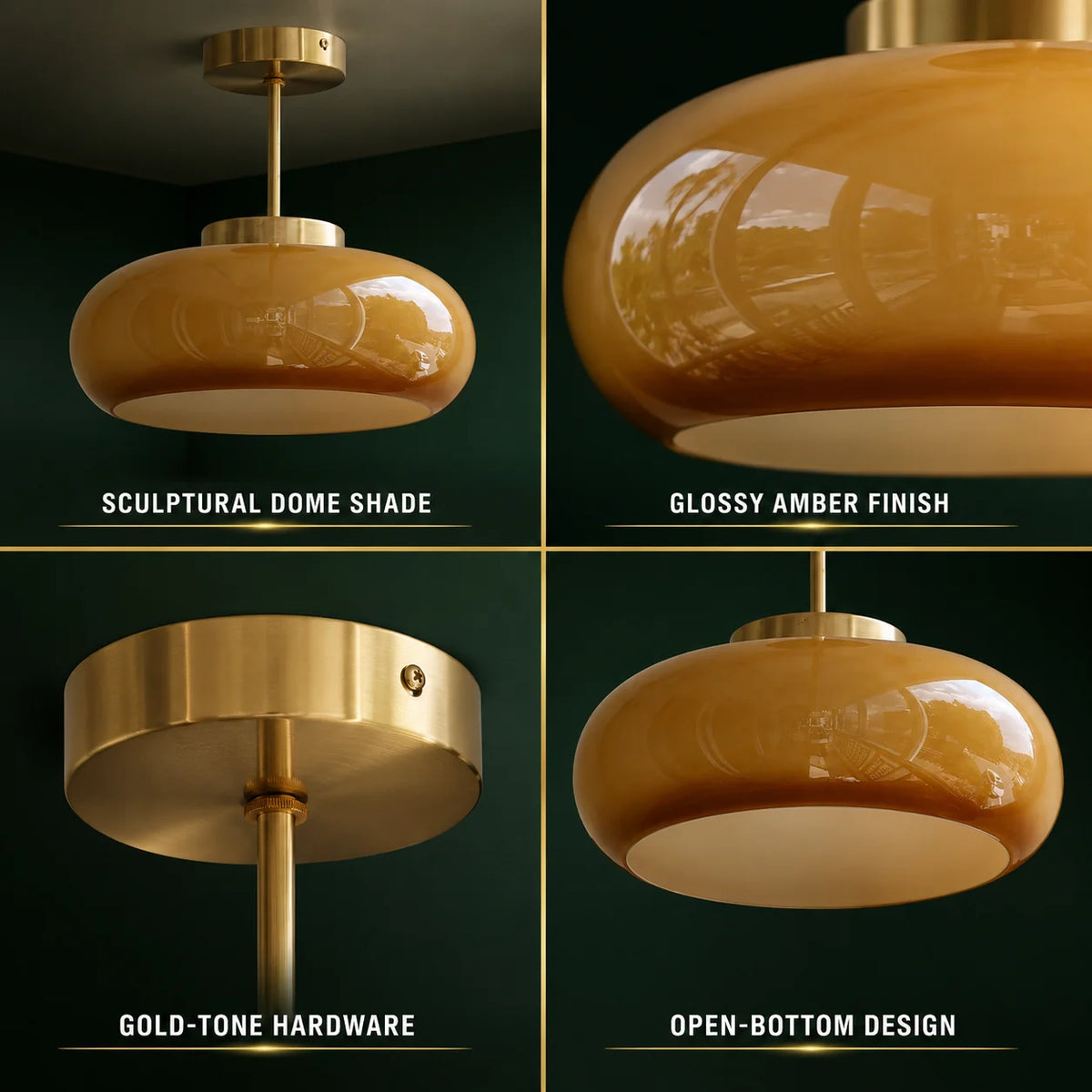 Semi-Flush Ceiling Light Amber Glass Brass & Copper