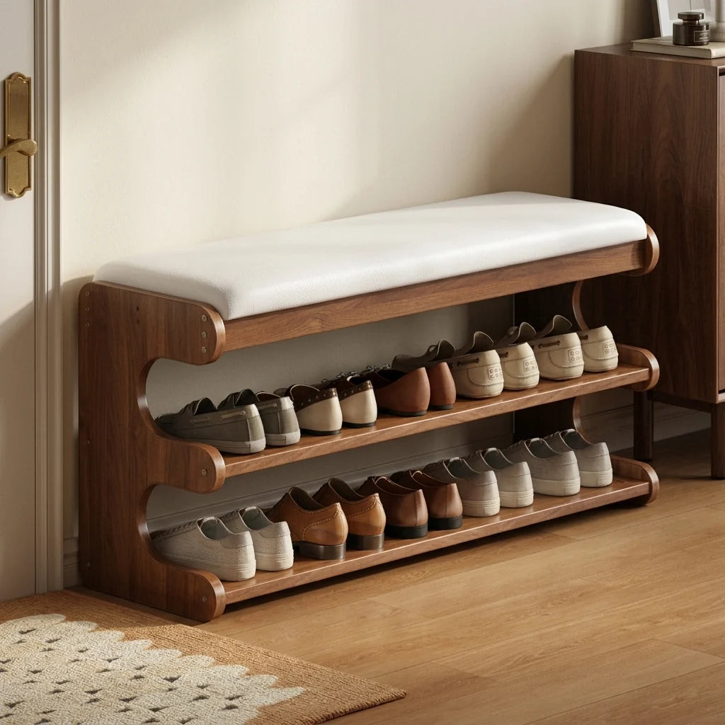 Shoe Storage Bench Solid Bamboo Two-Tier Shelf & Hidden Compartment