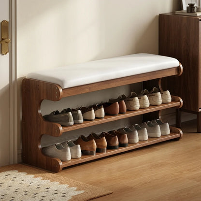 Shoe Storage Bench Solid Bamboo Two-Tier Shelf & Hidden Compartment