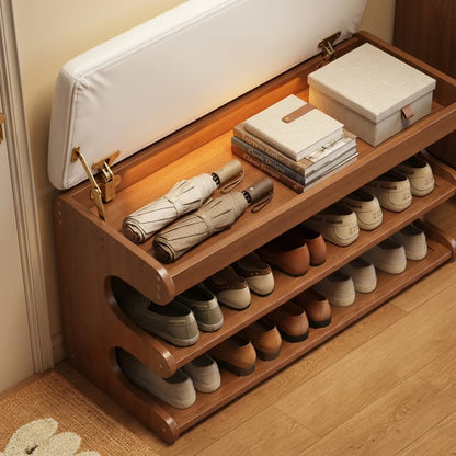 Shoe Storage Bench Solid Bamboo Two-Tier Shelf & Hidden Compartment