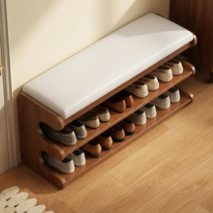 Shoe Storage Bench Solid Bamboo Two-Tier Shelf & Hidden Compartment
