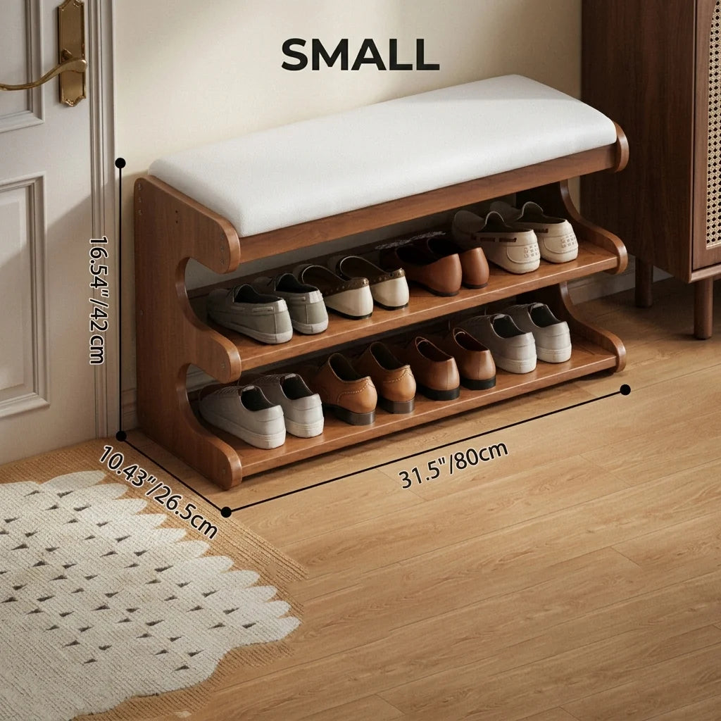Shoe Storage Bench Solid Bamboo Two-Tier Shelf & Hidden Compartment