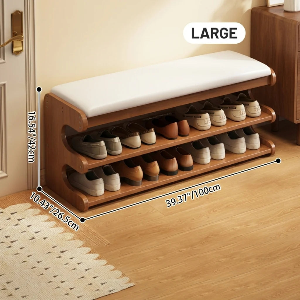 Shoe Storage Bench Solid Bamboo Two-Tier Shelf & Hidden Compartment