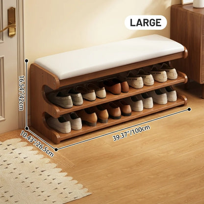 Shoe Storage Bench Solid Bamboo Two-Tier Shelf & Hidden Compartment