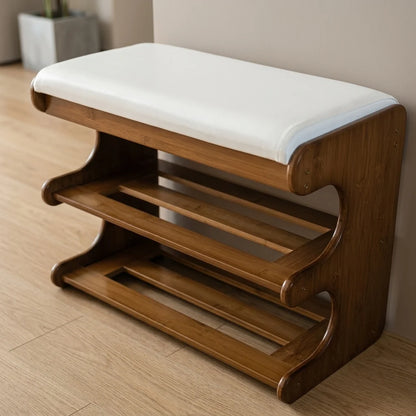 Shoe Storage Bench Solid Bamboo Two-Tier Shelf & Hidden Compartment