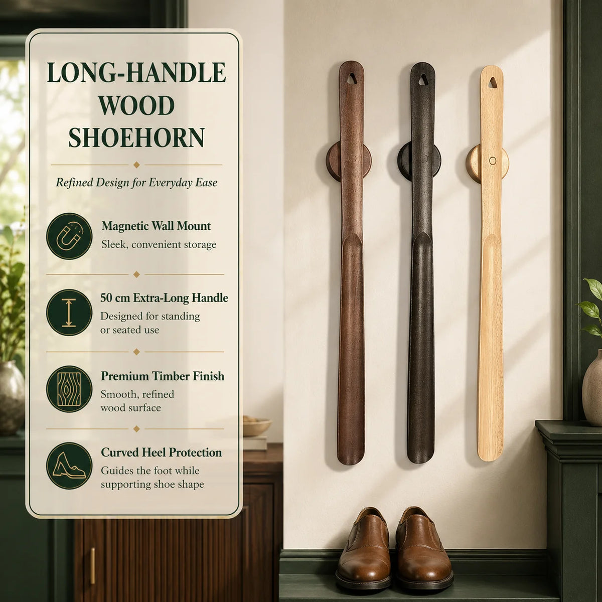Shoehorn Long Handle 20 Inch Solid Wood Magnetic Mount