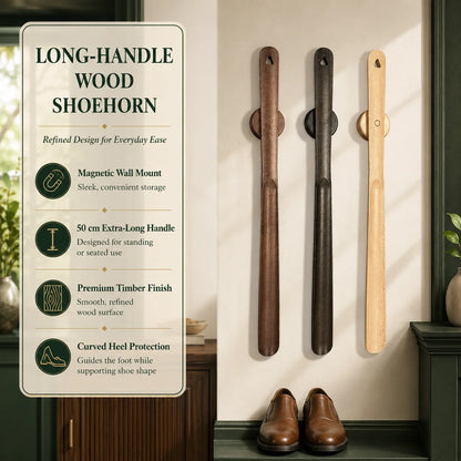 Shoehorn Long Handle 20 Inch Solid Wood Magnetic Mount
