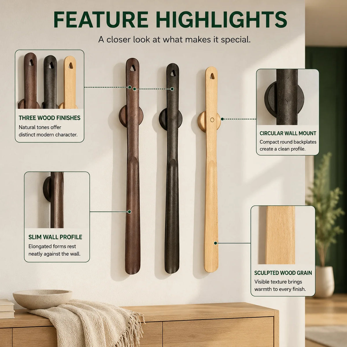 Shoehorn Long Handle 20 Inch Solid Wood Magnetic Mount
