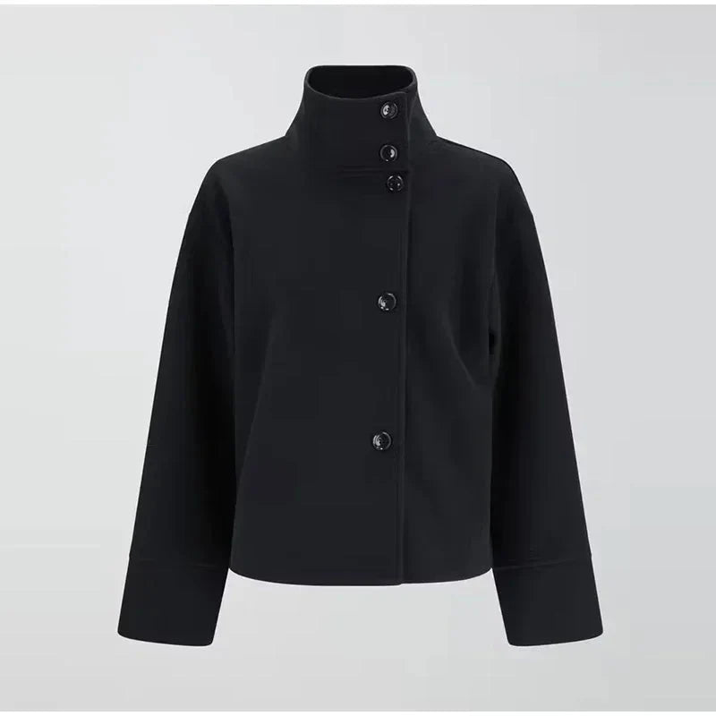 Short Jacket Asymmetrical Closure Large Collar & Lined Interior