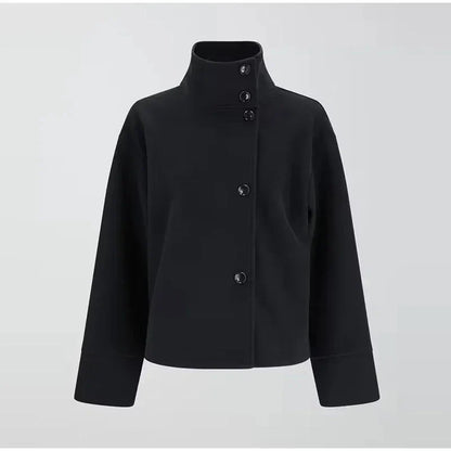 Short Jacket Asymmetrical Closure Large Collar & Lined Interior