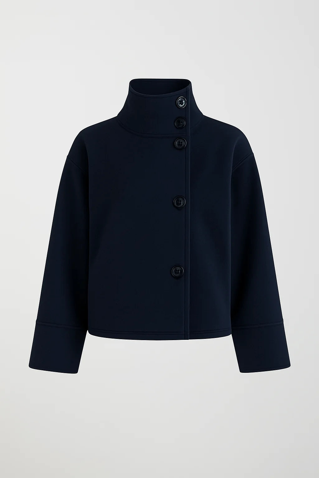Short Jacket Asymmetrical Closure Large Collar & Lined Interior