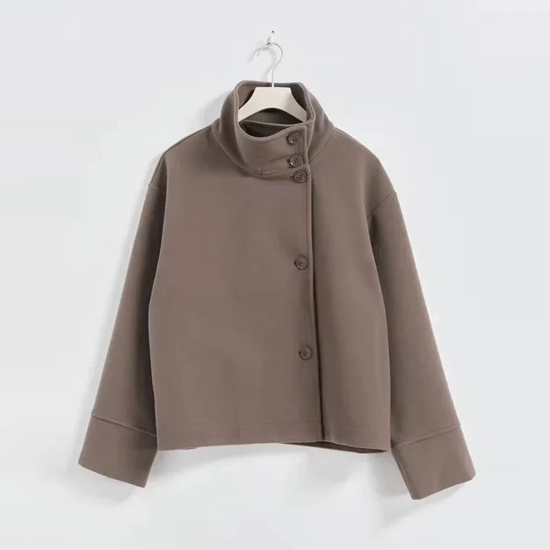 Short Jacket Asymmetrical Closure Large Collar & Lined Interior
