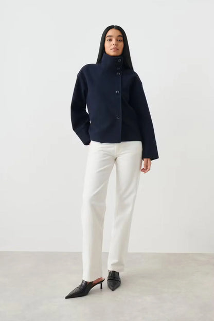 Short Jacket Asymmetrical Closure Large Collar & Lined Interior