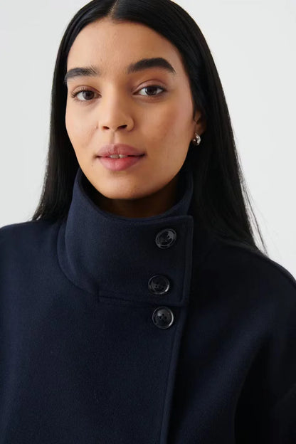 Short Jacket Asymmetrical Closure Large Collar & Lined Interior