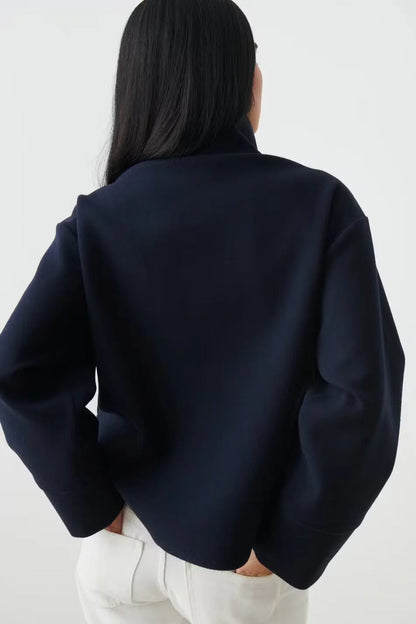 Short Jacket Asymmetrical Closure Large Collar & Lined Interior