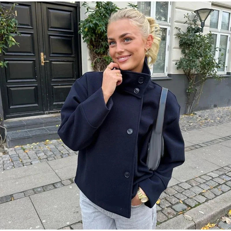 Short Jacket Asymmetrical Closure Large Collar & Lined Interior