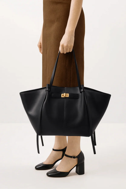 Shoulder Bag Laptop-Sized PU Leather Gold Clasp