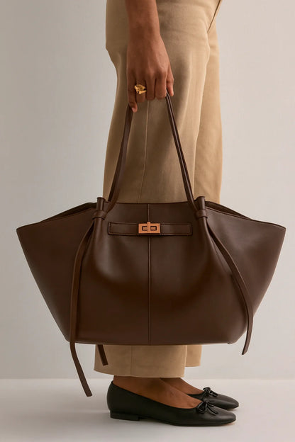 Shoulder Bag Laptop-Sized PU Leather Gold Clasp