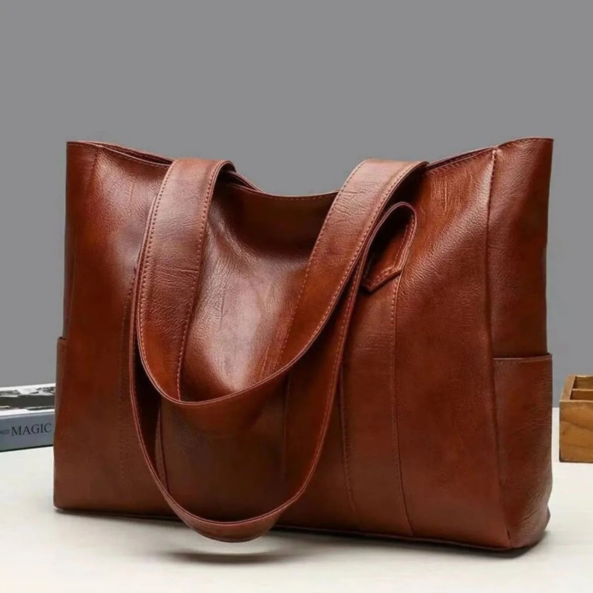 Shoulder Bag Smooth PU Leather Zipper Closure Spacious Interior Pockets