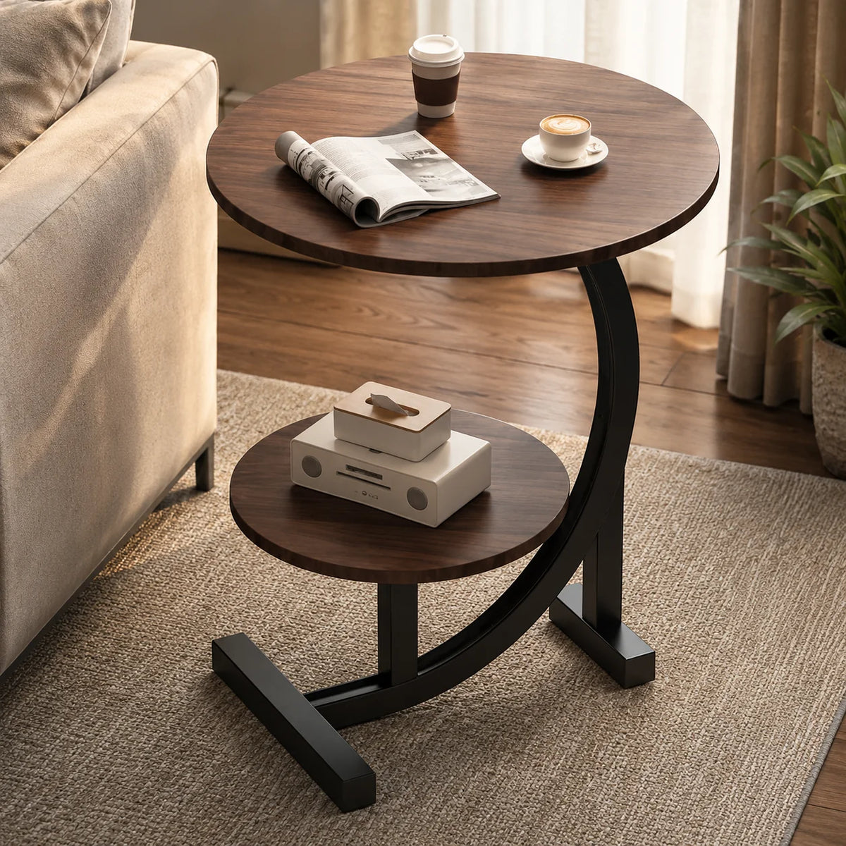 Side Table Two-Tier Wood-Finish Top Stainless Steel Frame