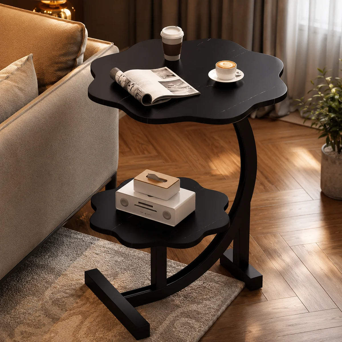Side Table Two-Tier Wood-Finish Top Stainless Steel Frame