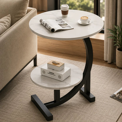 Side Table Two-Tier Wood-Finish Top Stainless Steel Frame