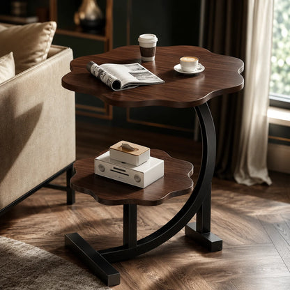 Side Table Two-Tier Wood-Finish Top Stainless Steel Frame