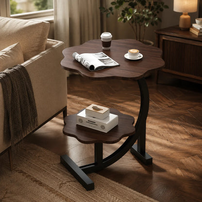 Side Table Two-Tier Wood-Finish Top Stainless Steel Frame