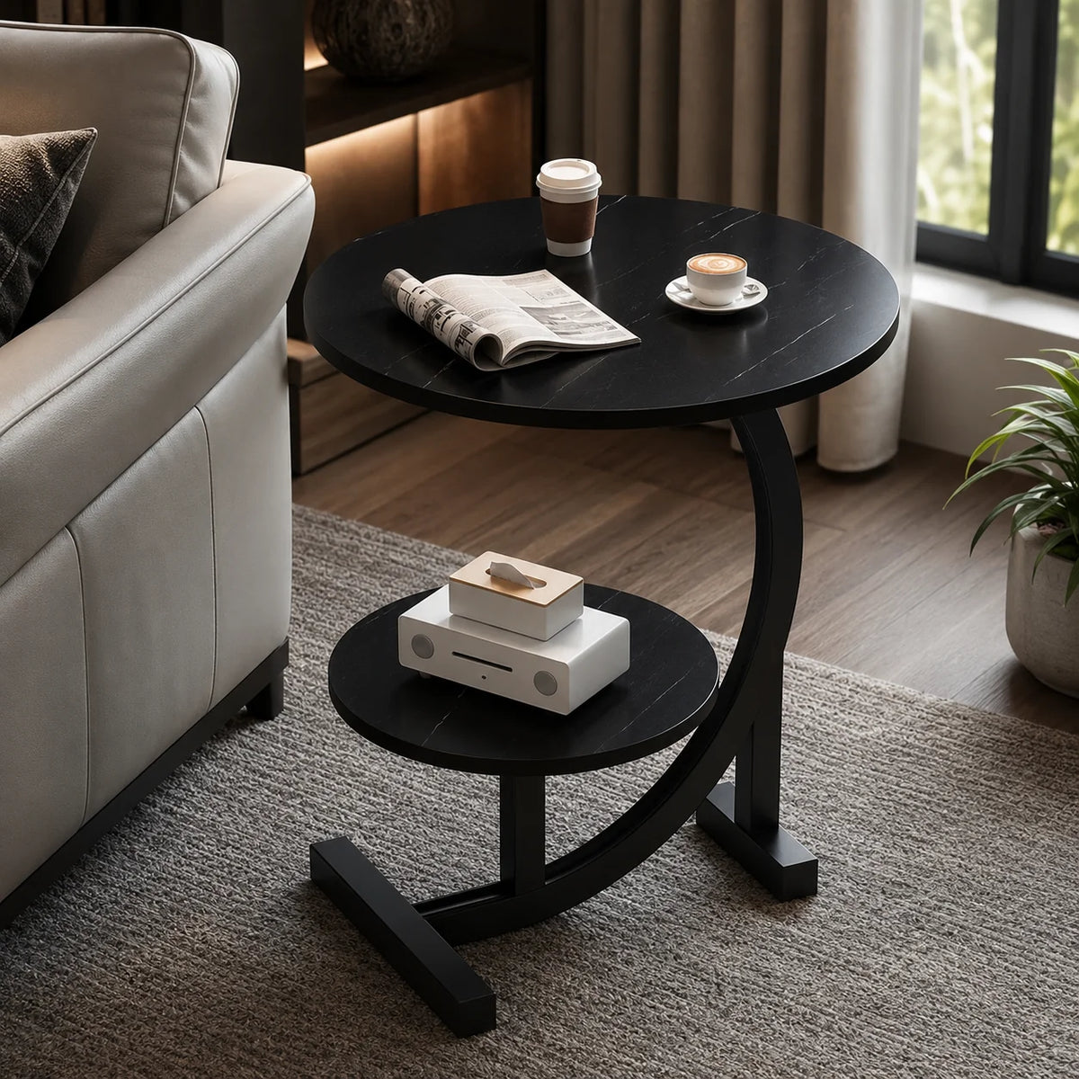 Side Table Two-Tier Wood-Finish Top Stainless Steel Frame