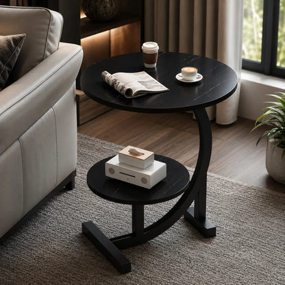 Side Table Two-Tier Wood-Finish Top Stainless Steel Frame
