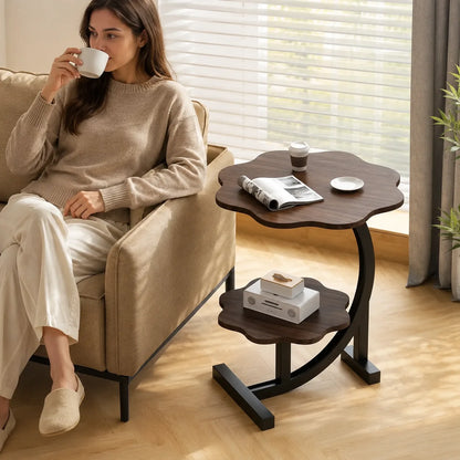 Side Table Two-Tier Wood-Finish Top Stainless Steel Frame