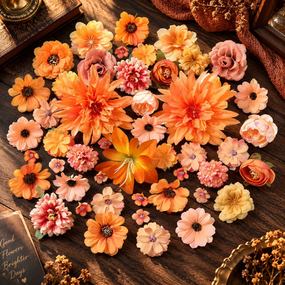 Silk Flower Heads Autumn Orange 48-Piece Reusable