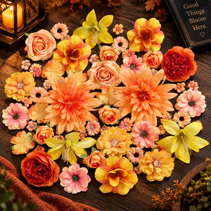 Silk Flower Heads Autumn Orange 48-Piece Reusable